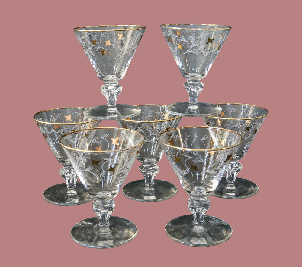 VTG 50s Libbey Royal Fern Cocktail Glasses Set of 7 Retro MCM Champagne Barware